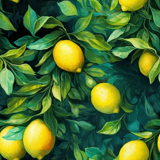 A detailed pattern of lemons and leaves in shades of green, yellow, and blue on a luxurious fabric background.