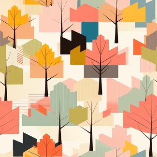 A colorful pattern of trees and plants in a mid-century style