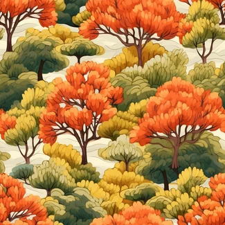 A seamless pattern of orange autumn trees with intricate foliage set against a vibrant color scheme.