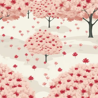 A seamless pattern with delicate pink trees and leaves against a soft, tonal background.