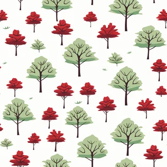 A colorful seamless pattern of red and green trees in a minimalist, cartoonish style.