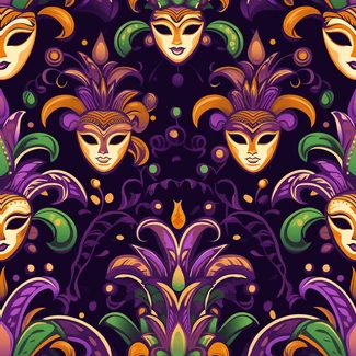 A seamless pattern of Mardi Gras masks, tropical flowers, and leaves on a purple background