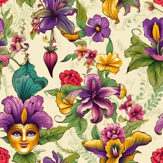 A colorful and playful pattern featuring flowers, butterflies, and masks in the style of vibrant caricatures, with hand-painted details and dramatic shading.