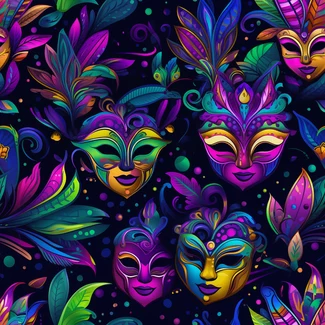 Colorful Mardi Gras masks and leaves pattern with vibrant and emotive neo-traditional costumes in dark purple and emerald tones.