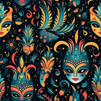 Colorful Mardi Gras masks on a black background in a folk art-inspired style.