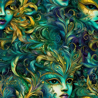 A repeating pattern of Mardi Gras masks in shades of blue, gold, and green on a teal background.