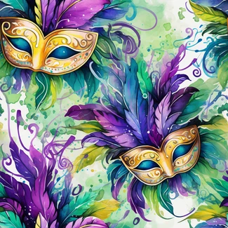 A repeating pattern of colorful Mardi Gras masks and feathers in watercolor style.