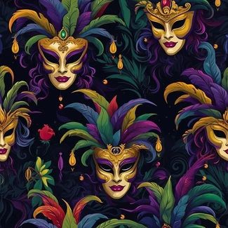 A seamless pattern with multiple masquerade masks and feathers set against a dark navy backdrop.