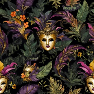 A seamless pattern featuring colorful Mardi Gras masks and tropical palm leaves on a black background.