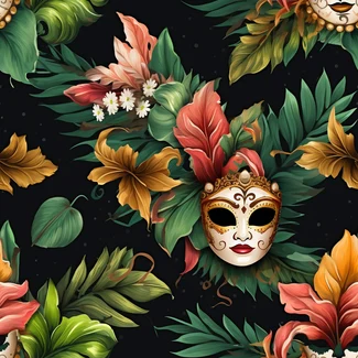 A seamless pattern featuring Mardi Gras masks and tropical plants on a black background.