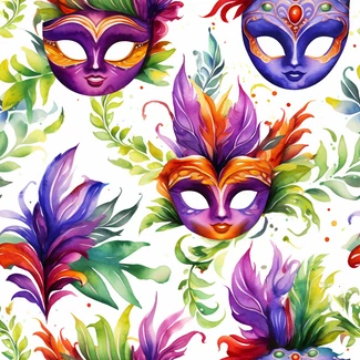 Colorful Mardi Gras watercolor pattern with masks, feathers, birds, and flowers on a white and purple background.