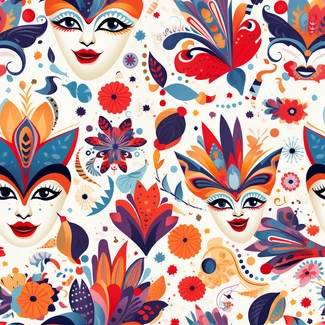 Colorful carnival masks and flowers in a seamless pattern.