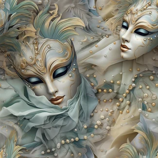 A stunning pattern featuring venetian masks in photorealistic style in emerald and blue hues with detailed portraits and darkly romantic illustrations.