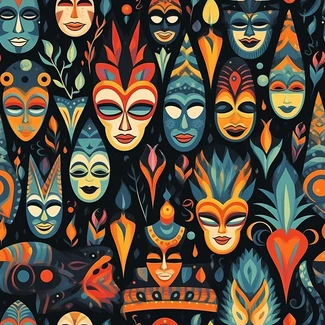 A seamless pattern of colorful masks set against a dark background, perfect for adding a playful touch to your next project.