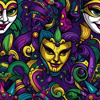 A seamless pattern of colorful Mardi Gras masks against a dark magenta and yellow background.