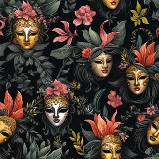 Masquerade Carnival pattern with masks and flowers on a black background