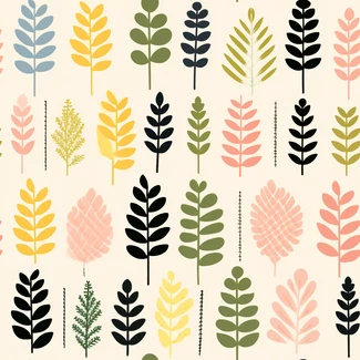 A colorful leaf pattern with mid-century inspired illustrations and a naturalistic color palette.
