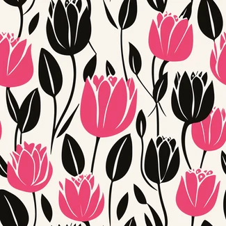 A seamless pattern featuring pink tulips on a black background with a mid-century illustration style.