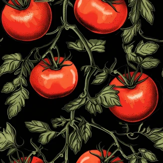 A vintage-style botanical illustration of a tomato tree with red and green tomatoes and leaves on a black background.