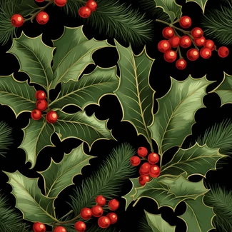 A seamless pattern featuring holly leaves and red berries on a black background, inspired by Victorian-era illustrations and perfect for the holiday season.