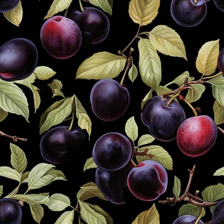 A seamless pattern of plums and flowers on a black background with highly detailed foliage and twisted branches.