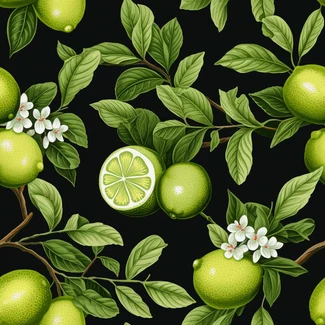 A seamless pattern of green limes with flower and green leaves on a black background.