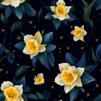 A seamless pattern of yellow daffodils and stars on a dark background.