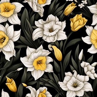 A seamless pattern of white and yellow daffodils on a black background, in the style of detailed engraving and colorized in the Flemish Baroque style.