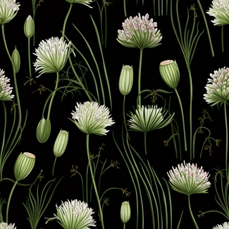 Floral Botanical Illustration with Chives and Garlic on Dark Background