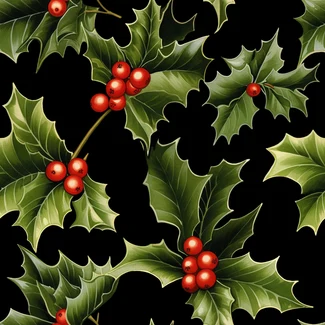 Seamless pattern of holly leaves and berries on black background