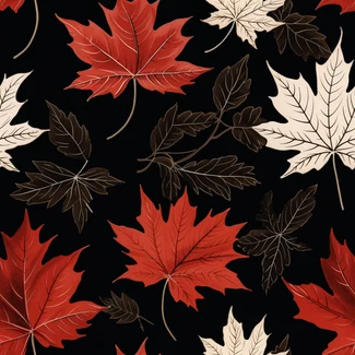 A seamless pattern of red and brown maple leaves with white and black accents set against a black background.