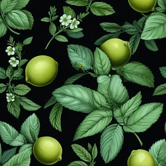 A seamless pattern with green leaves and lemons on a black background.
