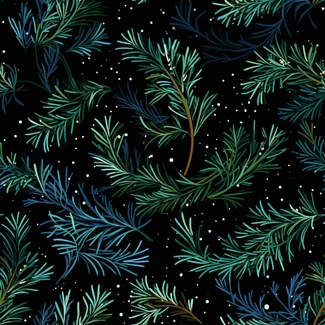 A seamless pattern of pine branches and stars on a dark background