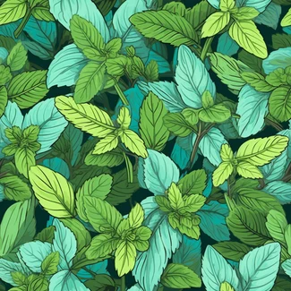 A seamless pattern featuring mint leaves in shades of blue, green, and cyan on a white background.