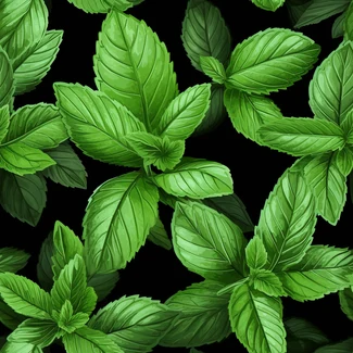 A seamless pattern of green mint leaves on a black background.
