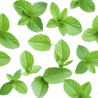 A pattern of fresh mint leaves on a white background.