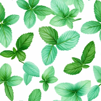 A seamless pattern of mint leaves on a white background with flowers and a layered composition.