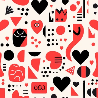 A modern Valentine's Day pattern featuring red, black, and white geometric shapes on a light blue background.