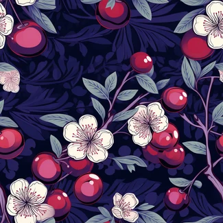 A seamless pattern featuring cherry blossoms on a dark background in the style of ancient Chinese art.
