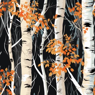 A seamless pattern of birch trees with orange leaves on a black background