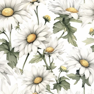 A beautiful seamless pattern of white daisies with green leaves on a white background.