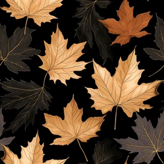 Maple Leaf Botanical Illustration Seamless Pattern on black background