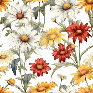 A seamless pattern of hand-drawn daisies in a variety of colors, set against a clean white background.