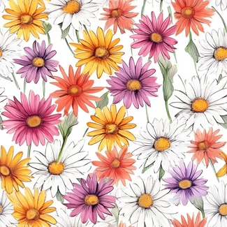 A seamless watercolor pattern featuring multicolor daisies on a white background