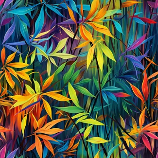 Colorful bamboo leaves on a black background with multidimensional shading and vibrant florals.