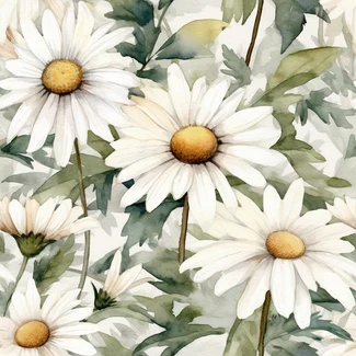 A white floral wallpaper with delicate daisies and leaves on a beige watercolor background.