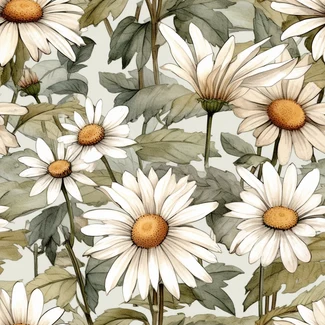 A beautiful watercolor pattern of white daisies on a beige background, with highly detailed foliage and delicate ink washes.