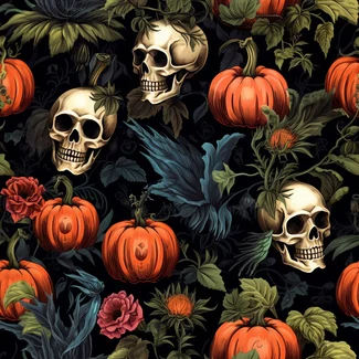A pumpkin pattern with skulls and flowers in a dark gothic style