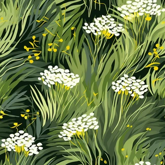 A seamless pattern of white and green flowers and grass with yellow accents in the style of naturalistic plein air paintings.