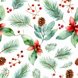 A watercolor Christmas pattern with green pine, red berries, and floral accents.